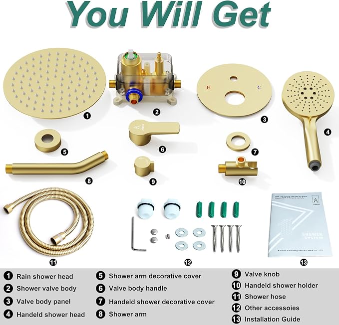 Shower Faucet Set Brass 12IN Rough-In Valve Body Trim Kit Rainfall Included - Image 7