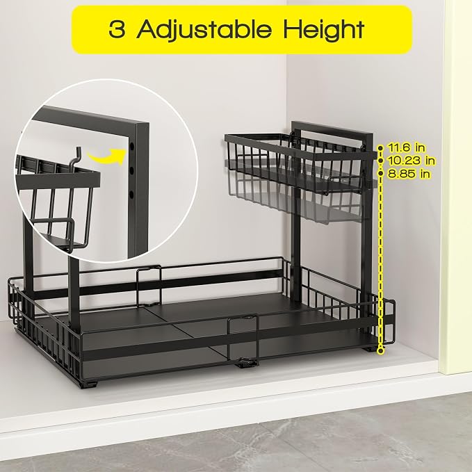 NADAMOO Expandable Under Sink Organizer 2-Tier Black Metal Storage Shelf - Image 4