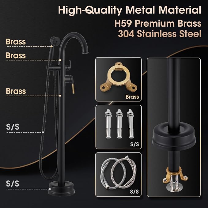 Freestanding Bathtub Faucet Black & Rose Gold Tub Filler High Flow - Image 7
