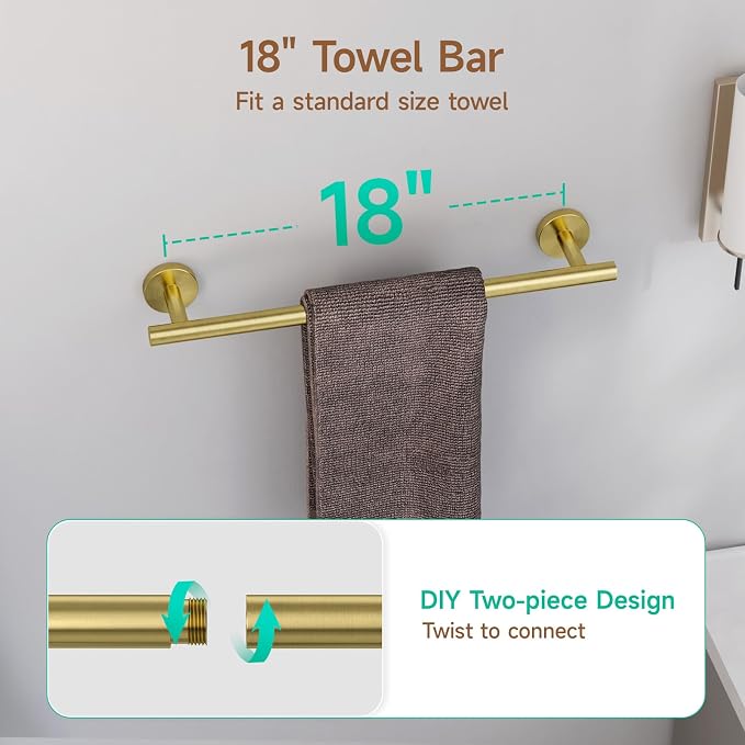 USHOWER Brushed Gold Bathroom Accessories Set, 18-Inch Towel Bar Set Wall - Image 2