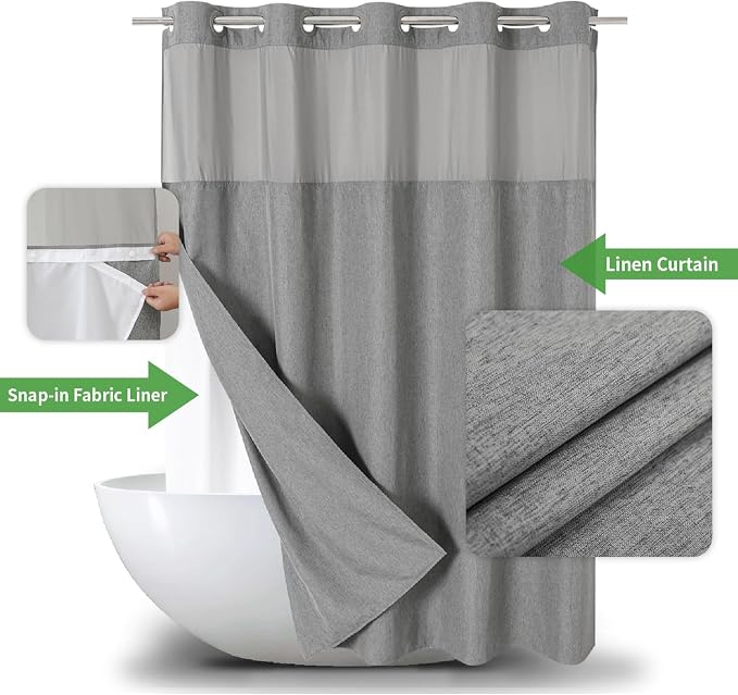 Long No Hooks Needed Linen Textured Shower Curtain - Image 2