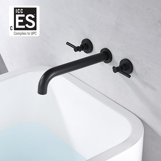 Wall Mount Tub Filler Matte Black Tub Faucet High Flow Two Handles Solid Brass - Image 2