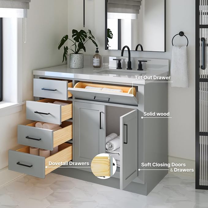 ARIEL Hepburn 43 Inch Single Sink Bathroom Vanity in Gray, 1.5 Edge Quartz Top - Image 2