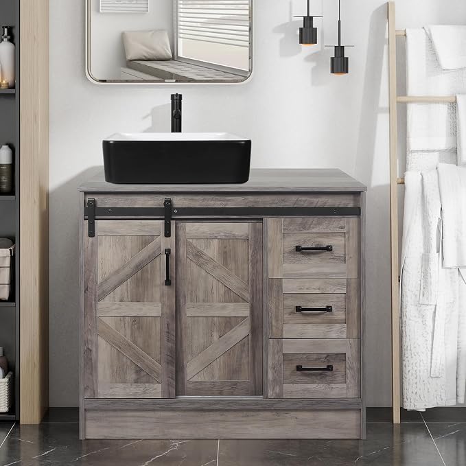 36 Inch Barn Door Bathroom Vanity, Farmhouse Style Standing Pedestal Cabinet by Solidee