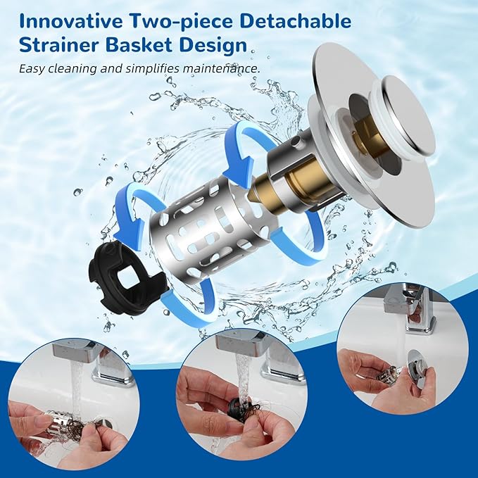 Hibbent 3 Pack Upgraded 3 in 1 Bathroom Sink Drain Strainer, Universal Pop Up - Image 4