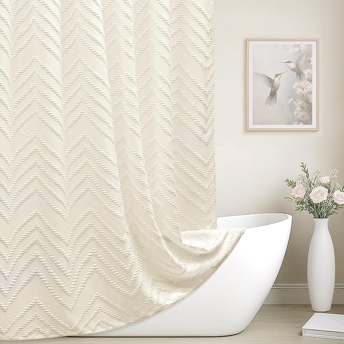 Extra Long Cream Shower Curtain 72 x 84 Boho Farmhouse Shower Curtain Tufted by TURKIO