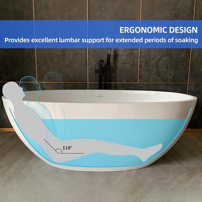 Cpingao 67" Freestanding Bathtub, Oval Shaped Stone Resin Freestanding Tubs - Image 4