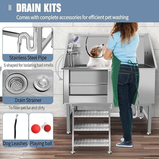 50" Professional Dog Wash Station, Stainless Steel Dog Grooming Tub - Image 8