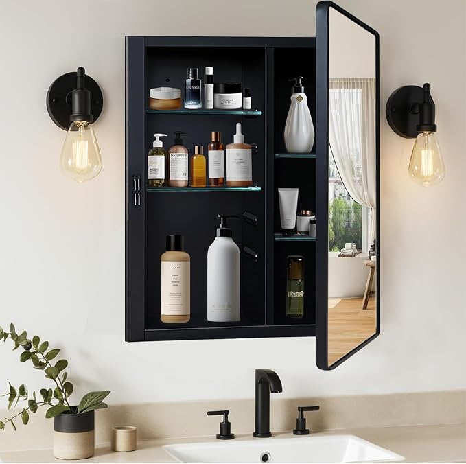 Black Medicine Cabinet 16x20 inch, Bathroom Mirror by KIMREAL
