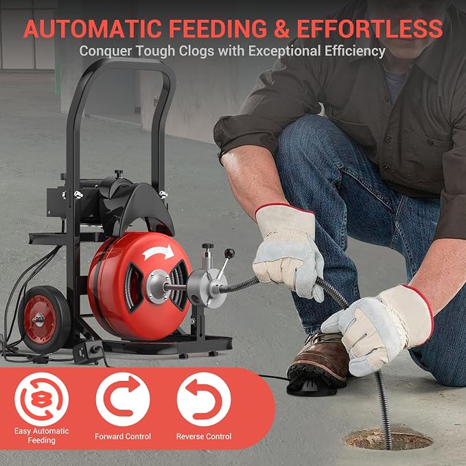 Electric Drain Cleaning Machine 75Ft 1/2 Inch, 450W Auto Feed Portable Sewer - Image 3