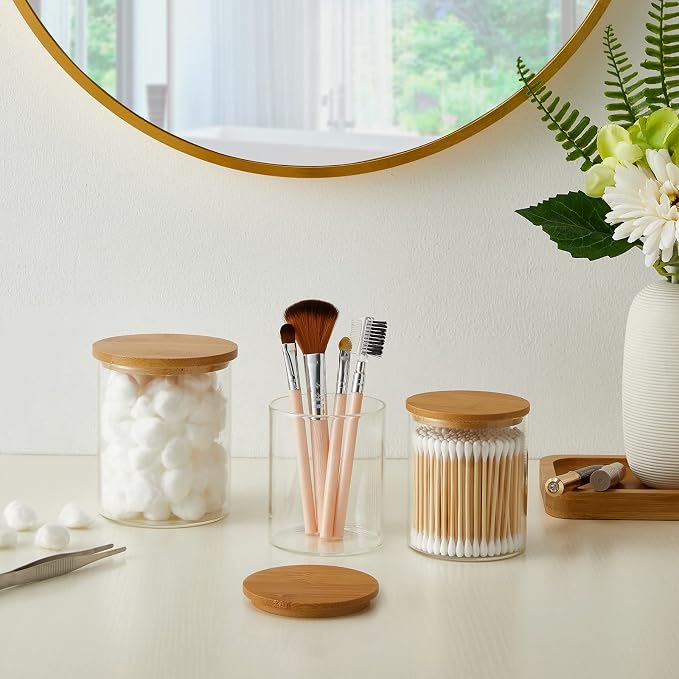 3 Pack Glass Qtip Holder Dispenser, 20 oz and 11 oz Clear Glass Apothecary Jars - Image 3
