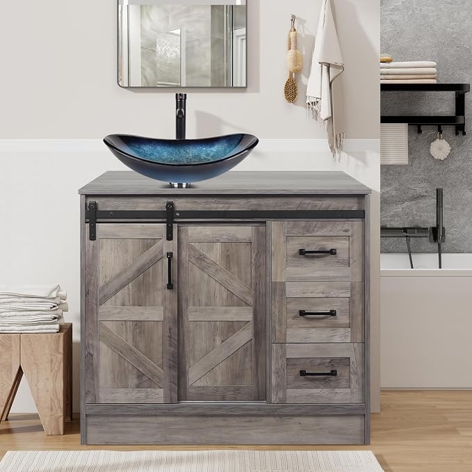 36 Inch Barn Door Bathroom Vanity, Farmhouse Style Standing Pedestal Cabinet by Solidee