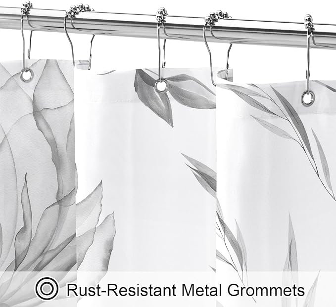Grey Boho Watercolor Floral Shower Curtain, Ink Painting Style Blossom & Leaf - Image 4