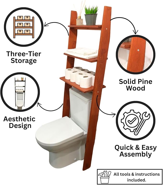 Over The Toilet Birch Wood Bathroom Organizer Shelves, 3-Tier Freestanding - Image 5
