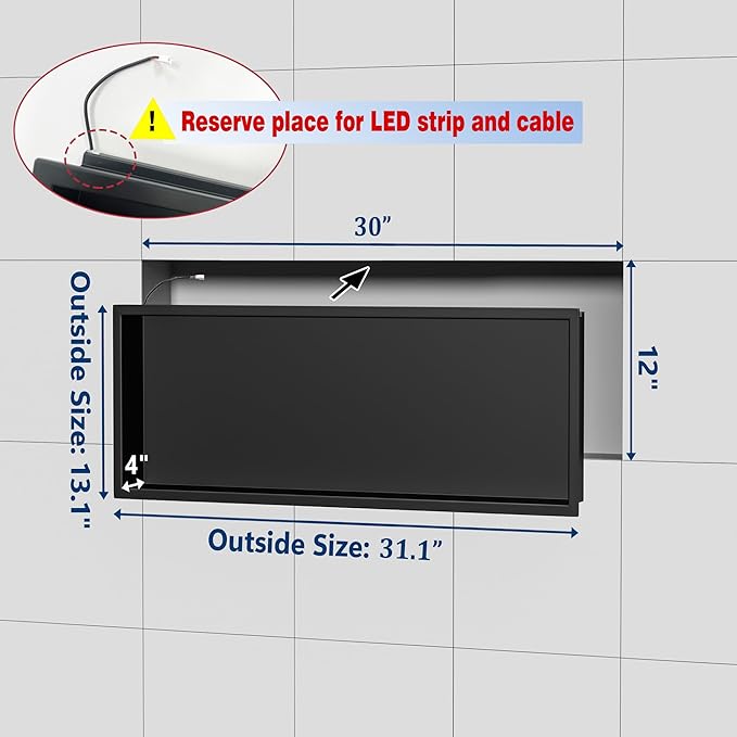 RGB LED Light Shower Niche, Matte Black 30X12 in Stainless Steel Wall Niche - Image 3
