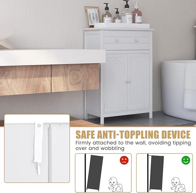 COSTWAY Bathroom Floor Cabinet, Wooden Side Storage Organizer w/Larger Drawer - Image 7