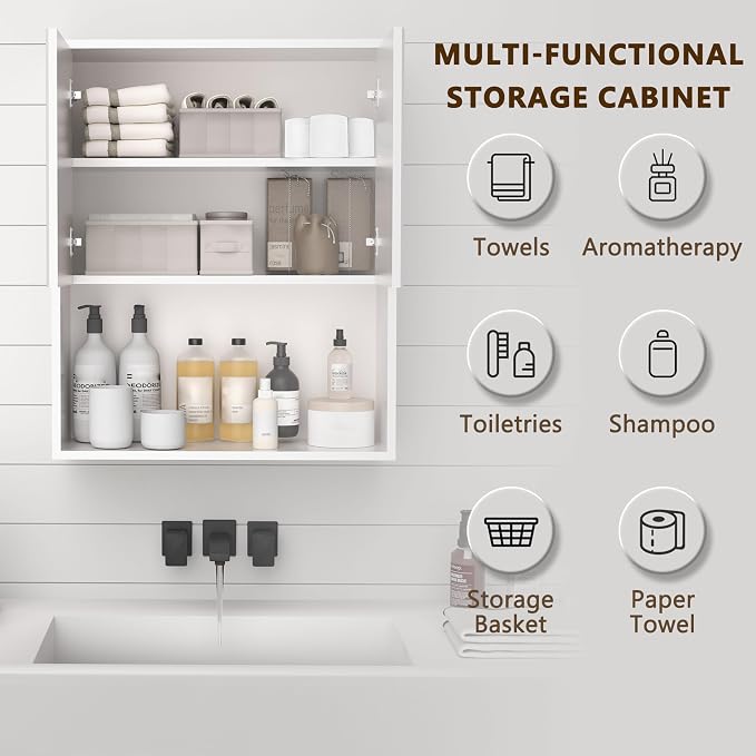 White Bathroom Wall Cabinet, Over The Toilet Storage Cabinet, Bathroom and - Image 4