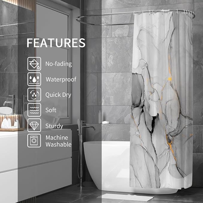 Gibelle Long Fabric Shower Curtain 72 x 78, Tall Abstract Grey Marble Shower - Image 2