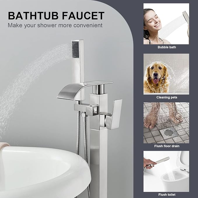 Senlesen Stainless Steel Bathroom Free Standing Tub Filler Faucet Brushed - Image 3
