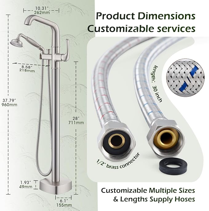 Luxury Free Standing Tub Faucet, Classic Brass Freestanding Bathtub Faucet - Image 6