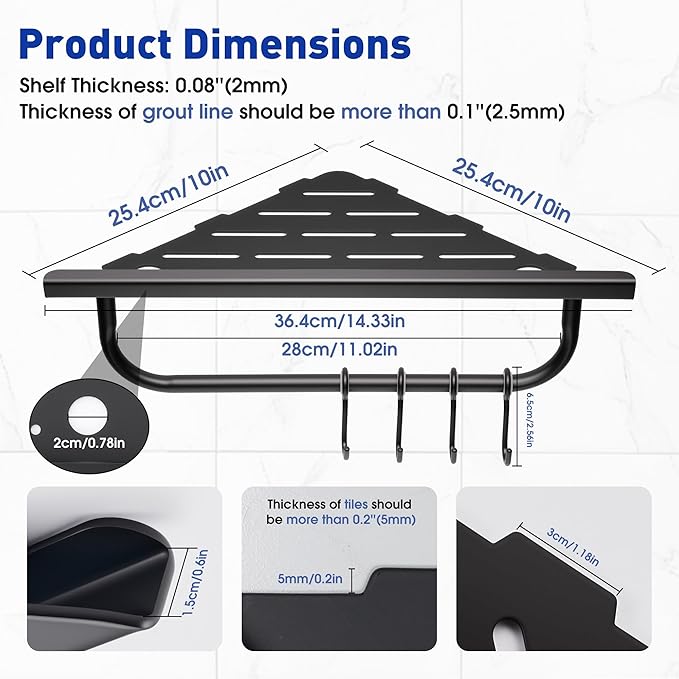 Corner Shower Shelf, 304 Stainless Steel Recessed Bathroom Shelves, No Drilling - Image 4