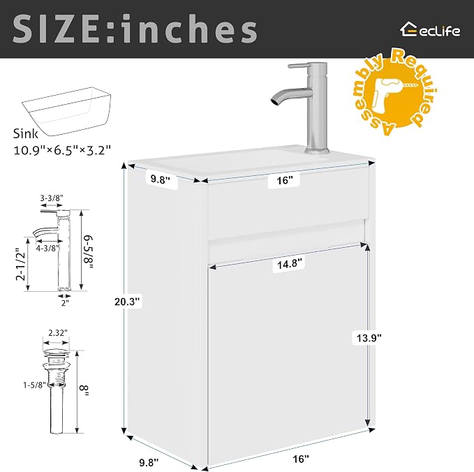 eclife 16" Small Bathroom Vanity Sink Combo, Modern Painted Wall Mounted - Image 3