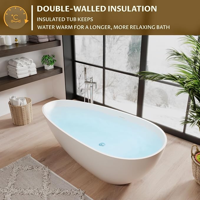 GarveeLife Freestanding Solid Surface Bathtub 67 Inch – Matte White Deep - Image 4