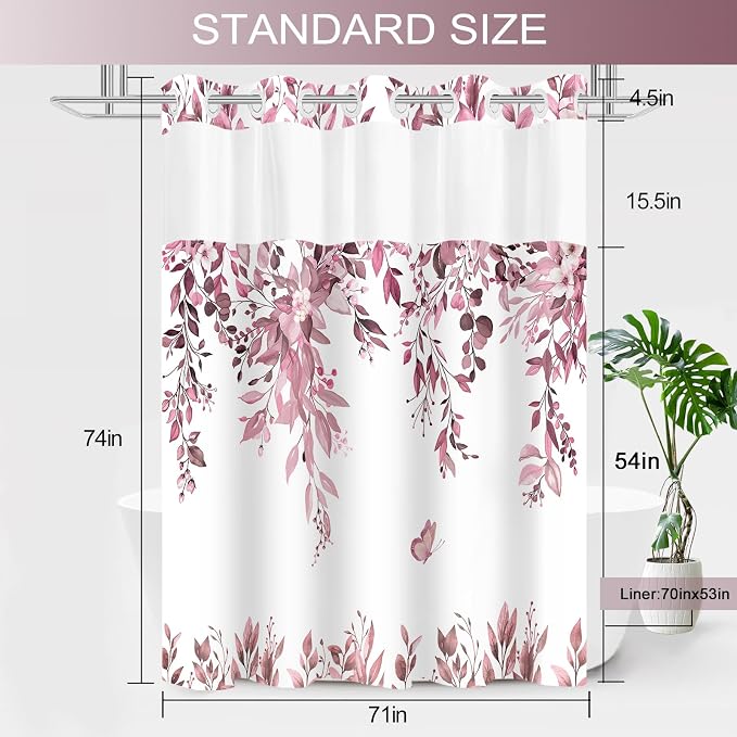 No Hook Shower Curtain and Liner Set, Dark Red Eucalyptus Floral Shower Curtains - Image 6