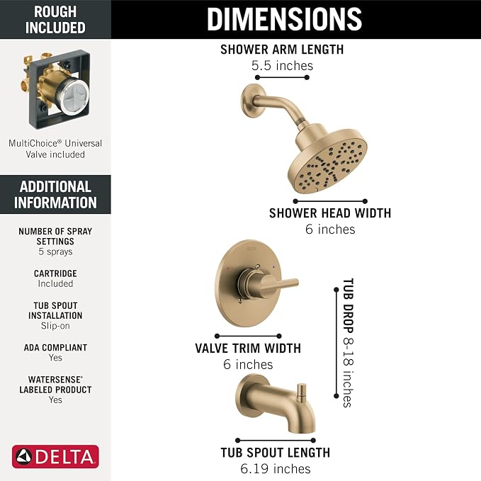 Delta Nicoli 14 Series H2Okinetic Bathtub and Shower Faucet Set, Brushed Gold - Image 4