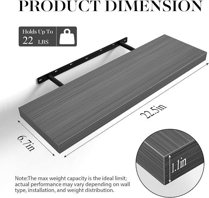 BAYKA Floating Shelves Grey, 22.5 inches Rustic Wood Wall Mounted Shelves - Image 6
