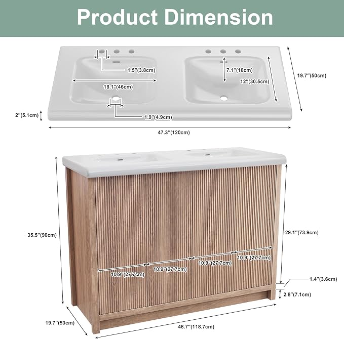 48 Inch Bathroom Vanity with Double Sink, Bathroom Sink Cabinet with 4 Fluted - Image 2