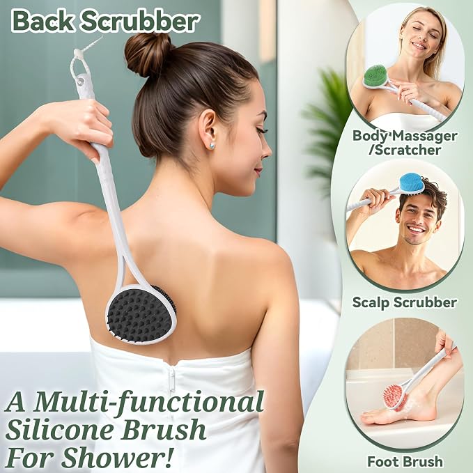Silicone Back & Body & Face Scrubbers Set 4PCS, 15.35’’ Soft Back Scrubber - Image 7