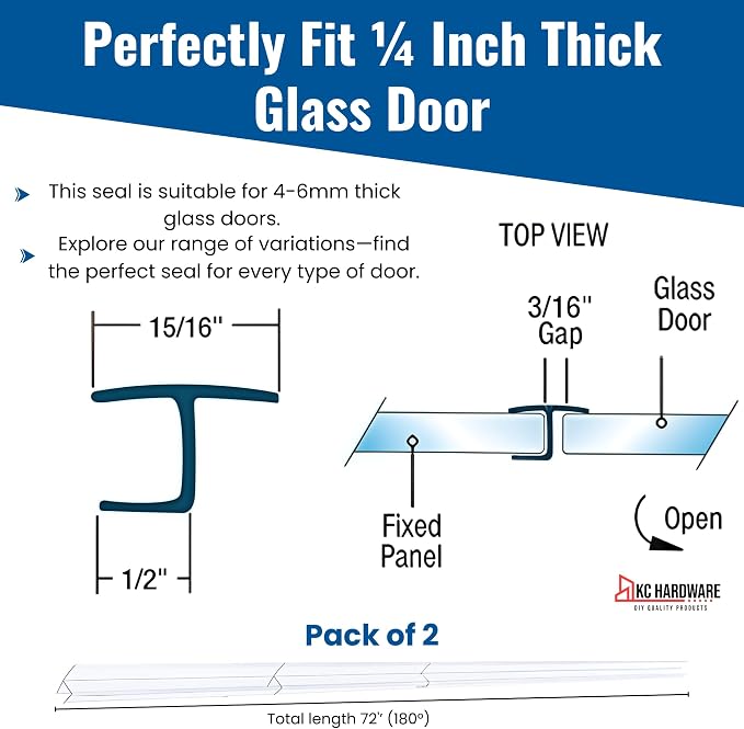Frameless Shower Door Side Seal Strip H-Type 180 Degree 72'' Length - Image 3
