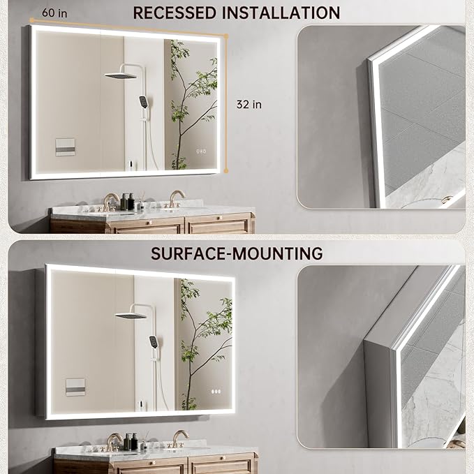 60"x32" Medicine Cabinet Mirror, LED Lighted Medicine Cabinet - Image 6