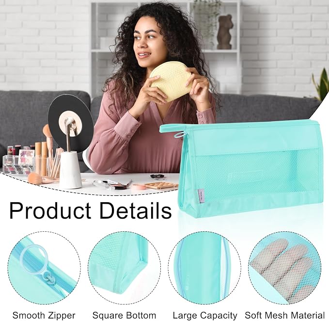 uxcell Mesh Makeup Bag, Large Capacity Travel Zipper Cosmetic Bags, Beach Mesh - Image 3