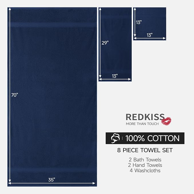 REDKISS Luxury 100% Cotton 8 Piece Bath Towel Sets, 2 Bath Sheets, 2 Hand - Image 2