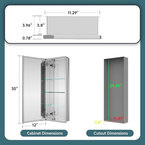 12"x30" Medicine Cabinet Mirror, Aluminum Silver Recessed Medicine Cabinet - Image 2