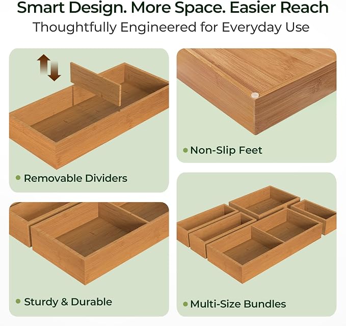 5-Piece Bamboo Drawer Organizer Set, 2.2" Deep Multi-Use Organizers - Image 7