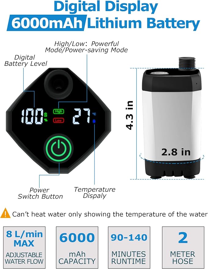 innhom Portable Camping Shower, 6000mAh Rechargeable Camp Shower Pump - Image 3
