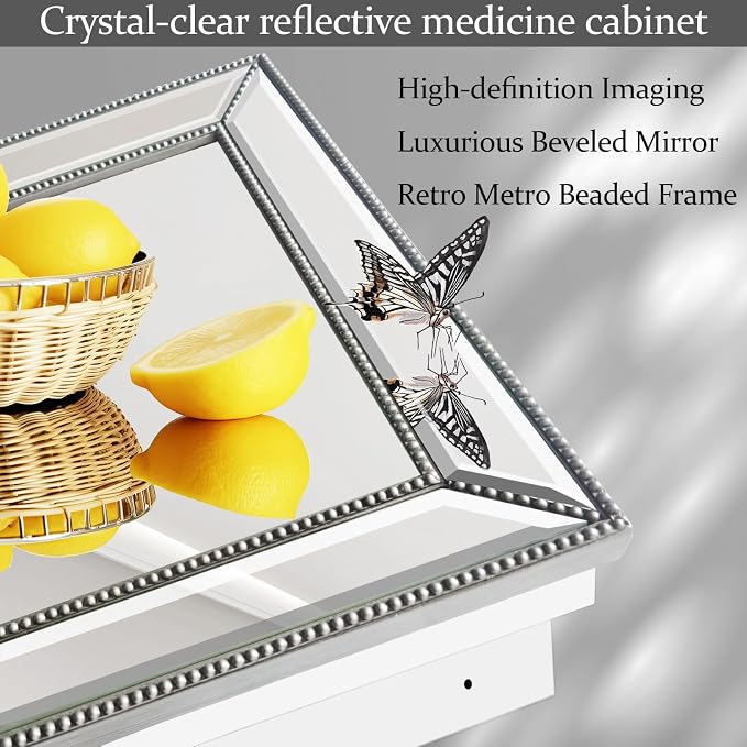 Bathroom Medicine Cabinet with Silver Metro Beaded Wooden Frame, 16x26 Inch - Image 6