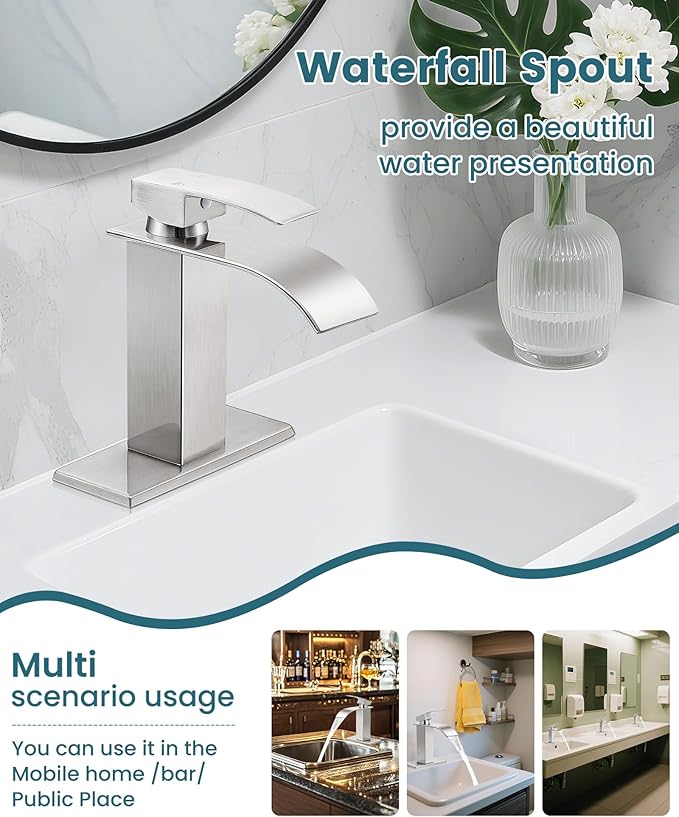 Bathroom Faucets Brushed Nickel Waterfall Bathroom Sink Faucet Modern Single - Image 6