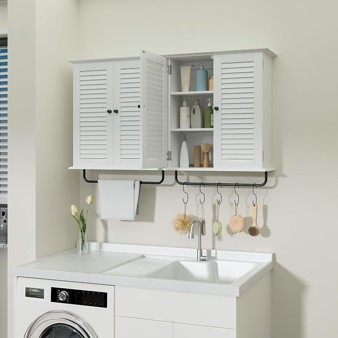 White Wall Mounted Cabinet, Over the Toilet Storage Cabinet, Wooden Wall Cabinet - Image 6