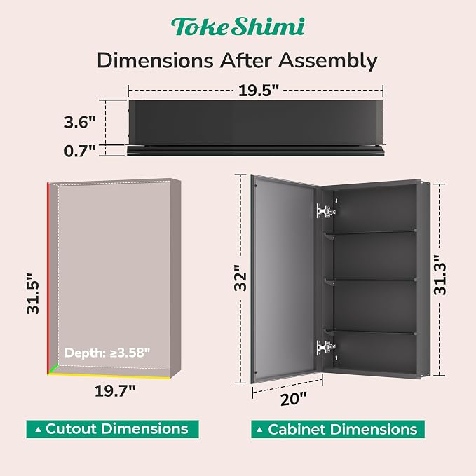 TokeShimi 20 x 32 Recessed Medicine Cabinet Mirror Surface Mount Aluminum - Image 2