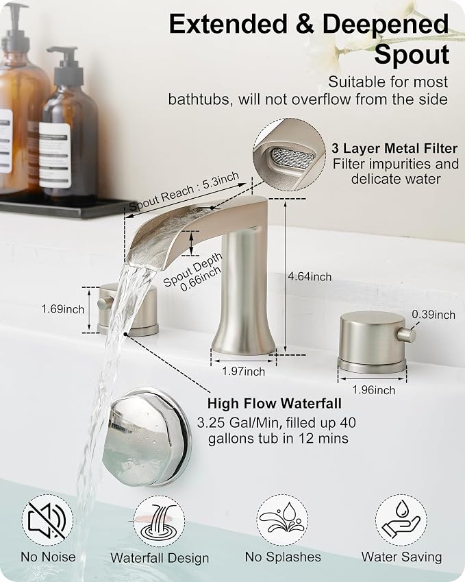 Brass Roman Bathtub Faucet Brushed Nickel, Waterfall High Flow Bath Tub Faucet - Image 6