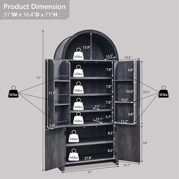 71" Tall Arched Kitchen Pantry, Modern Fluted Wood Storage Cabinet - Image 2