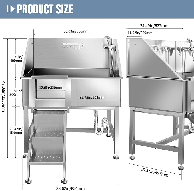 38" Dog Washing Station, Professional Stainless Steel Dog Bathing Station - Image 2
