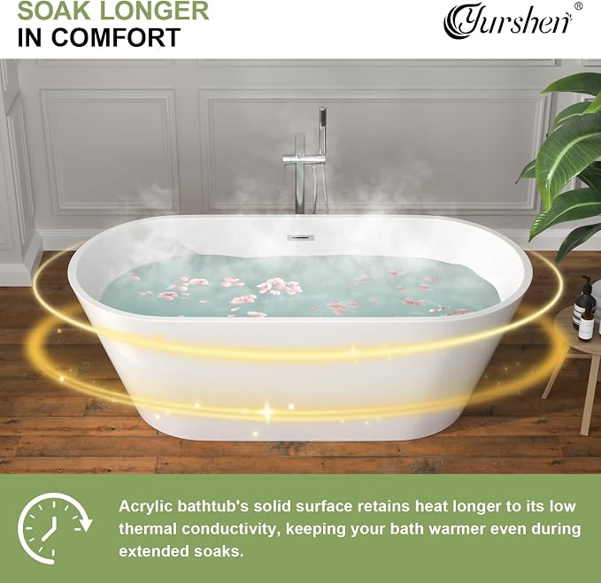 63 Inch Freestanding Bathtub White Acrylic Roll Top Soaking Tub - Image 8