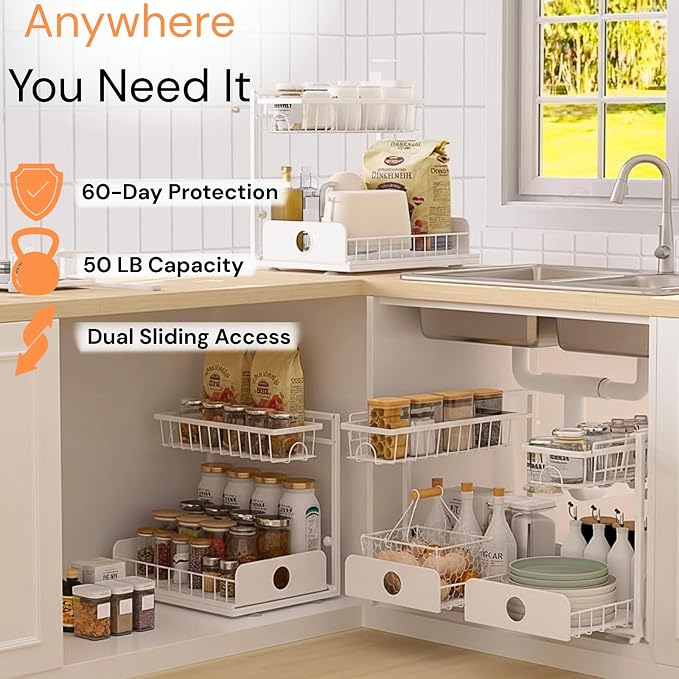 Under Sink Organizer, 2 Pack, 2 Tier Pull Out Sliding Shelf, Adjustable Height - Image 7
