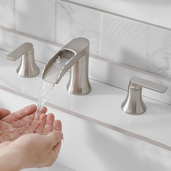 Brushed Nickel Tub Faucet Set 3 Hole, Brass Deck Mount Waterfall Bathtub Faucet - Image 9
