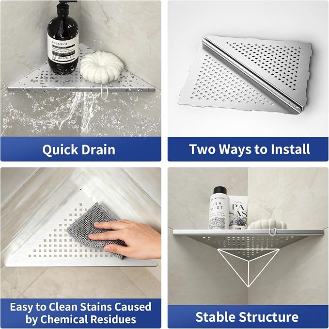 Corner Shower Shelf, 304 Stainless Steel 10" Brushed Recessed Shelf - Image 3